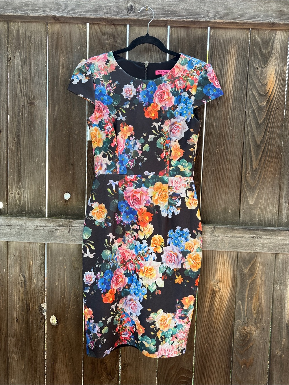 Betsey Johnson Black Midi Dress with Vibrant Floral Print